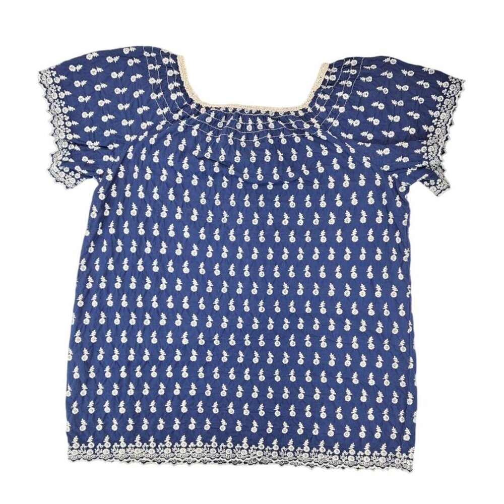 Max Edition Blue White Floral Embroidered Eyelet Short Sleeve Blouse Women Large - Picture 2 of 8